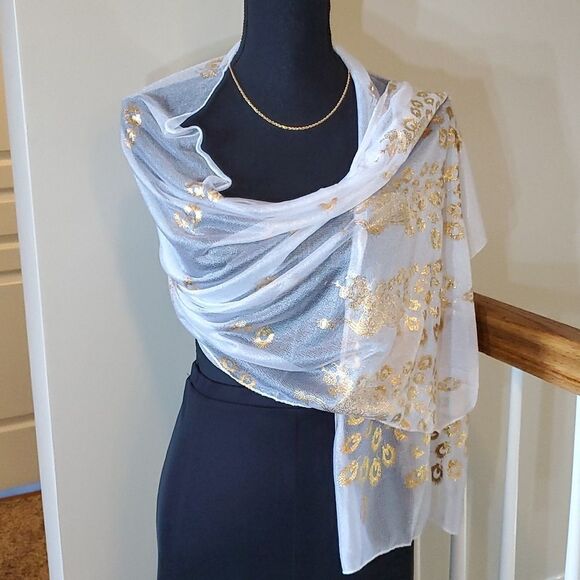 SALE Animal Print Stunning White and Gold Design Silk Feel Scarf - Picture 3 of 7